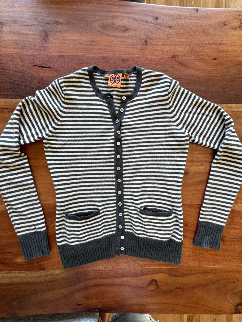 Tory Burch 100% Cashmere Grey & Cream Striped Cardigan Sweater - S